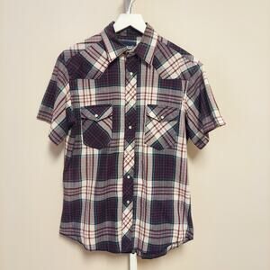 Wrangler Mens Plaid Pearl Snap Shirt Size Medium Short Sleeve Red Green Navy